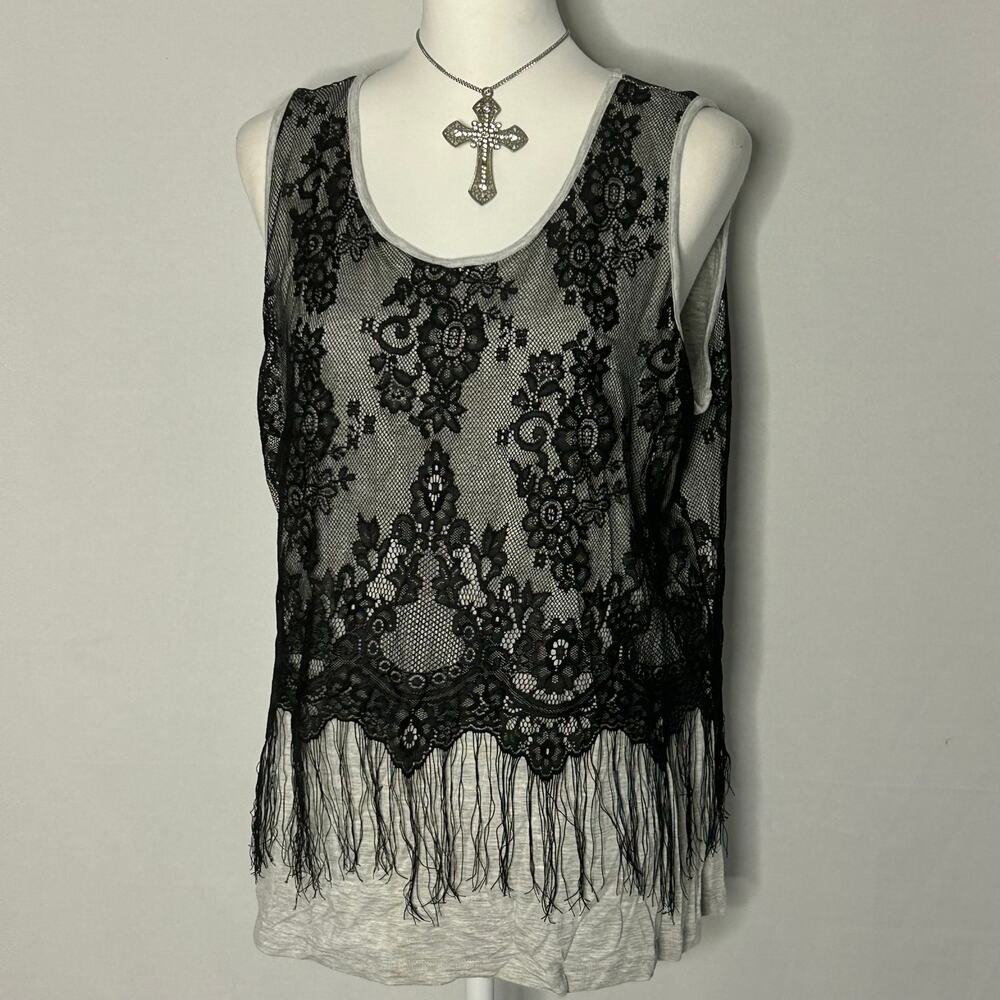 a.n.a Black Lace Fringe Tank Top XL Sheer Overlay Boho Gothic Layered Top